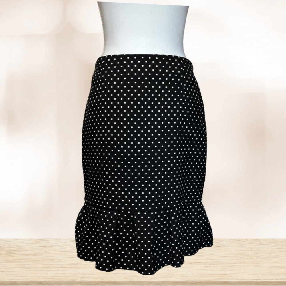White House Black MarketBlack and White polka dot Ruffled Midi Pencil Skirt